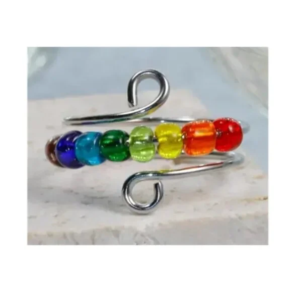 Silver - Sensory, Fidget, Spinner, or Worry Ring - Silver with Colored Beads - Picture 2 of 2